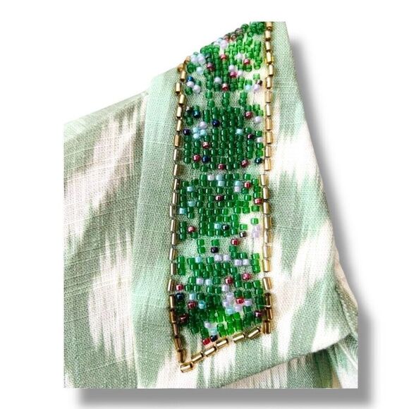 ZARA XS Green Cream Abstract Artsy Print Blouse Beaded Collar Boho Festival Y2K - Picture 9 of 11